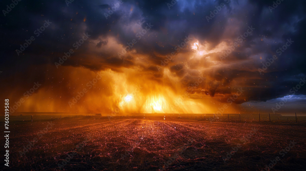 Distant thunderstorm, echoes of raindrops, adding intensity to dramatic tension in a desolate setting, enhancing emotional depth Realistic, Silhouette lighting, Lens Flare