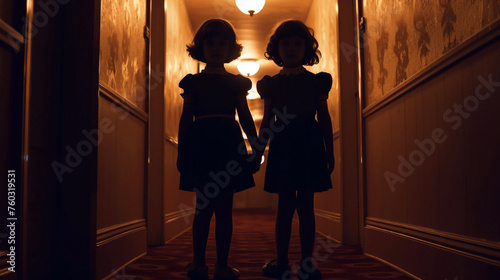 The Grady Twins, Haunting Siblings, ghostly hallway encounter in the Overlook Hotel, realistic, Silhouette lighting, Vignette