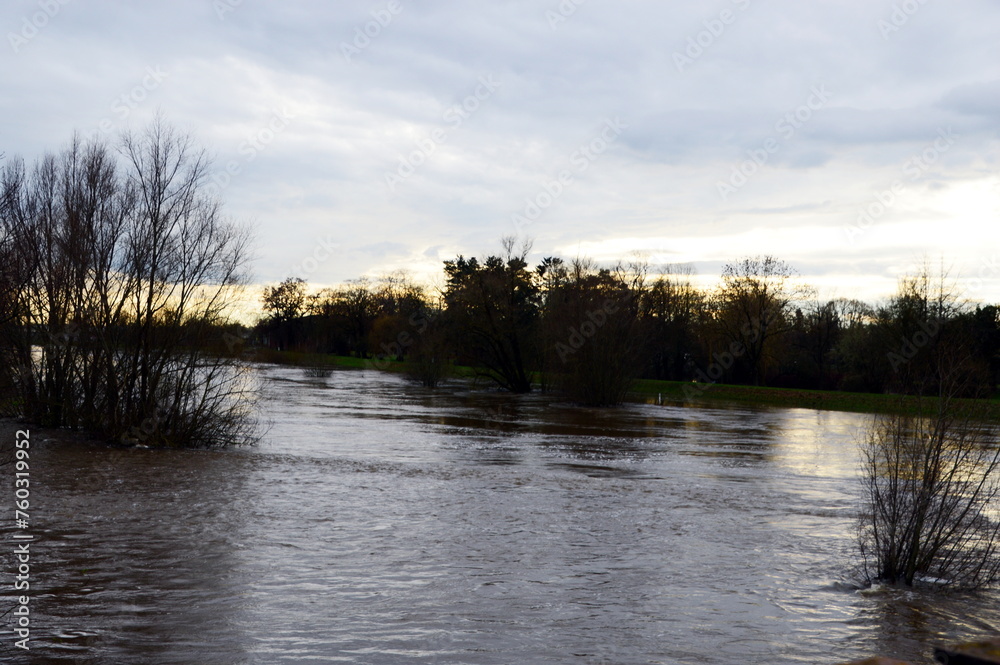 Fototapeta premium Flood in Winter at the River Aller near the Town Rethem, Lower Saxony