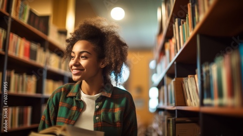 A happy African American girl, student choosing a book among the bookshelves in the university, College library. Knowledge, Reading, Homework, Literature, Science, School, Hobbies and Leisure concepts
