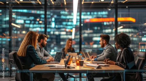 A community of individuals is gathered around a table in a building  sharing laptops and engaging in a real estate conference. AIG41