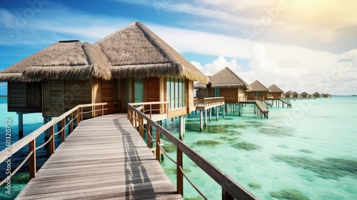 tropical water bungalow building illustration paradise vacation  relaxation escape  exotic serene tropical water bungalow building