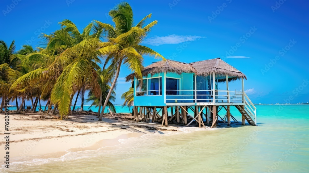 paradise tropical bungalow building illustration palm hut, ocean island, thatch retreat paradise tropical bungalow building