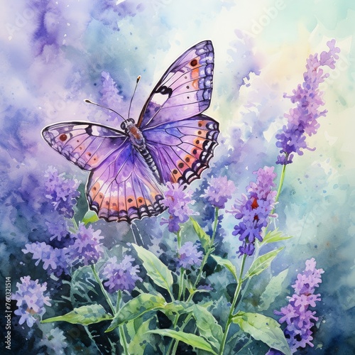 Butterfly on lavender, watercolor vibrant purples, gentle morning light, delicate touch, cute