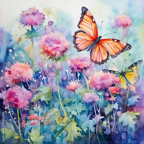 Dancing butterflies  watercolor garden  radiant colors  lively fluttering  cute