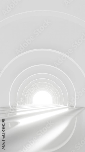 4k Footage vertical. Empty white tunnel corridor. Abstract interior curved geometric structure design