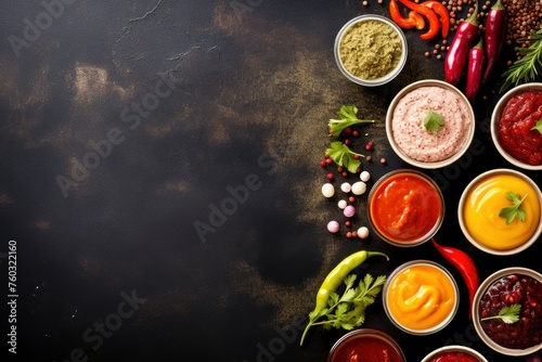 top view of condiments with copy space for text. Food background for stock photography. - generative ai