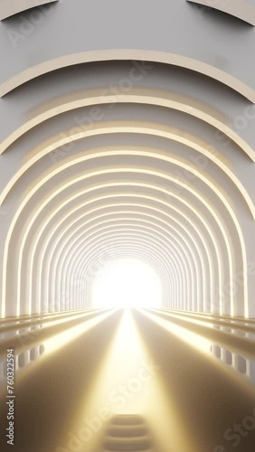 4k Footage vertical. Empty white tunnel corridor. Abstract interior curved geometric structure design