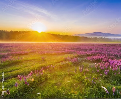 Radiant spring sunrise casting its golden light over a tranquil meadow, painting the landscape with a kaleidoscope of soft hues and delicate shades.