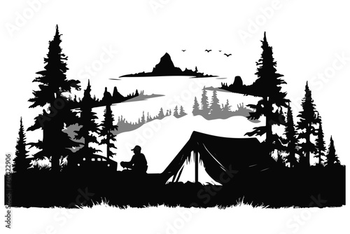 Camping black Silhouette Vector White Background
