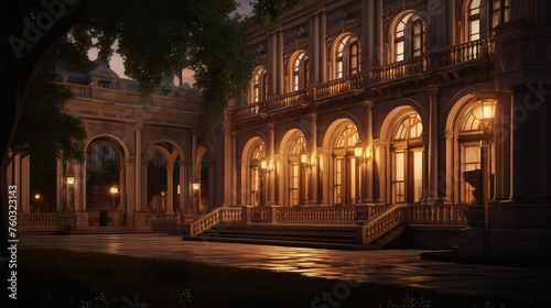 estate evening mansion building illustration grand opulent  chandelier terrace  garden balcony estate evening mansion building