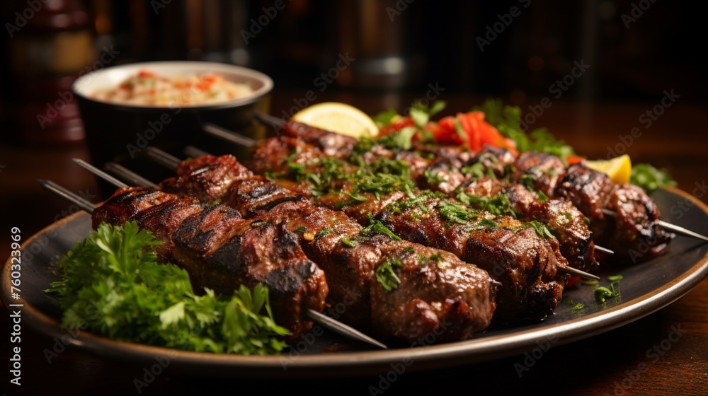 Kebab on skewers. Two portions of grilled meat on a plate.