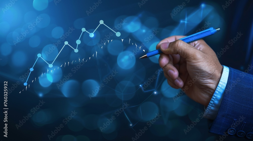 Businessman drawing growth graph and line chart with data, virtual screen in digital marketing and online technology style background Businessman drawing growth graph and line chart with data, virtual screen in digital marketing and online technology style background