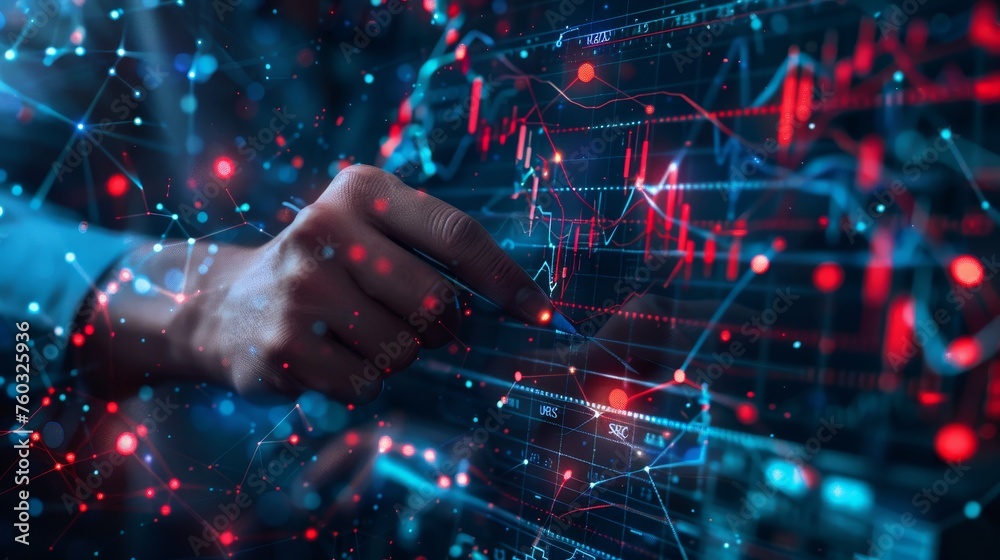 Businessman drawing growth graph line with hologram data icon on virtual screen Businessman drawing growth graph line with hologram data icon on virtual screen