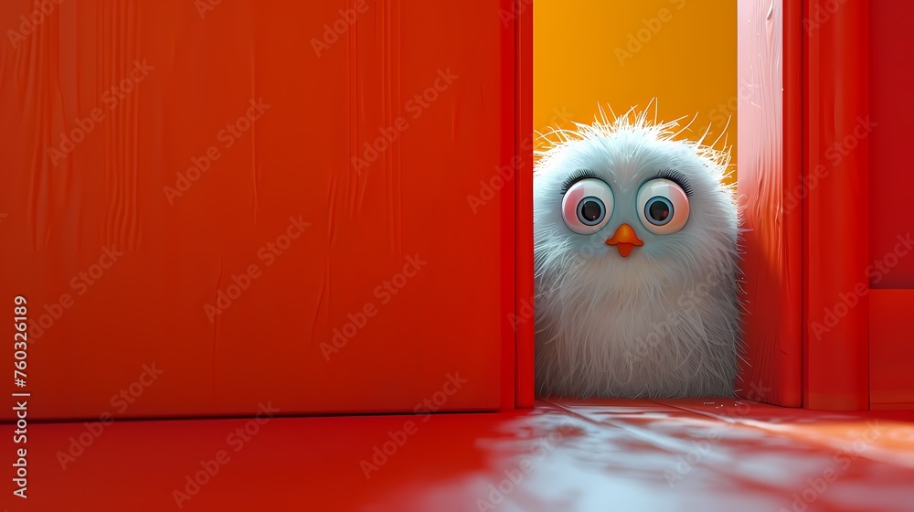 A playful 3D cartoon character illustration engaging in a game of hide-and-seek against a seamless solid background, its animated antics captured in HD brilliance - obrazy, fototapety, plakaty 