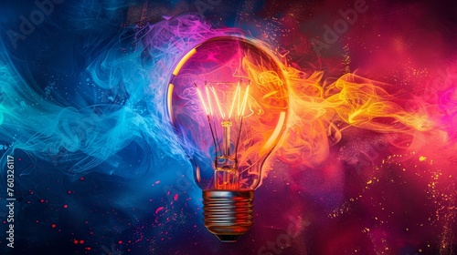 Colorful energy swirls around a vibrant light bulb
