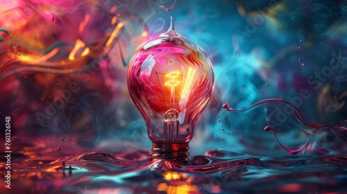 Colorful light bulb surrounded by swirling shapes and vibrant colors