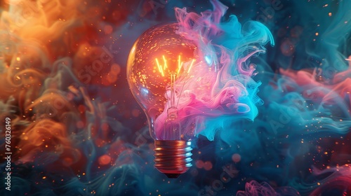 Colorful light bulb surrounded by swirling shapes and vibrant colors