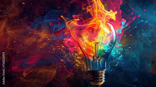 Colorful energy swirls around a vibrant light bulb