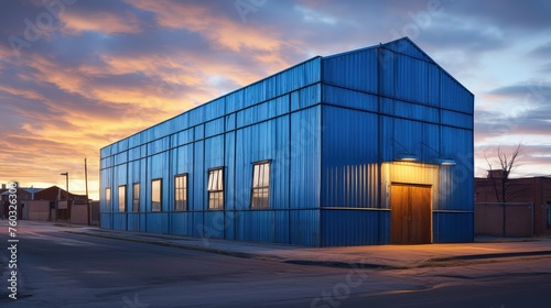 distribution blue warehouse building illustration facility architecture, steel metal, structure commercial distribution blue warehouse building