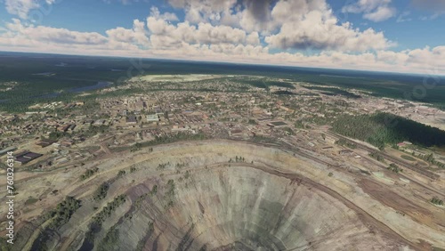 Aerial drone view of Mirny Sakha Republic in Kimberlitovaya Trubka Mir diamond mine. Siberia in Russia