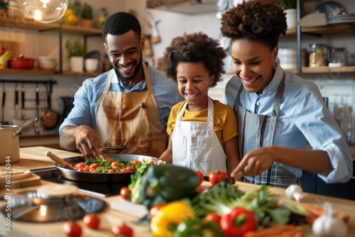 Family enjoys cooking together  making a healthy meal with fresh vegetables.