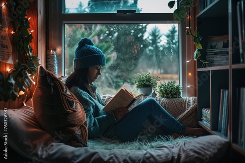 A cozy reading nook by a rainy window, with a girl engrossed in a book.