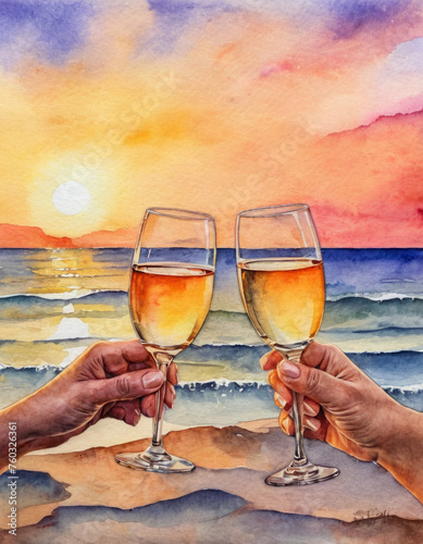 watercolor painting mondern senior couple cheers glass of champain at sunset photo