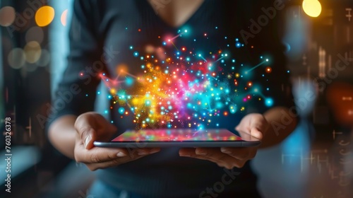 Creative entrepreneur demonstrates imaginative business concept on tablet