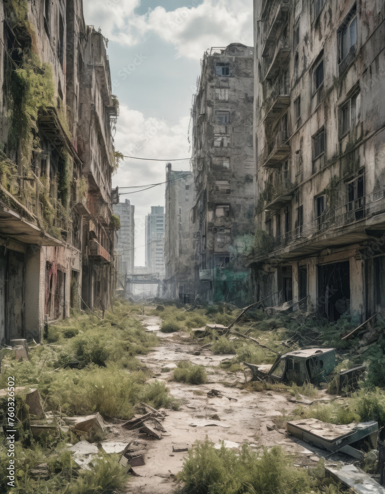 watercolor painting post apocalyptic city landscape with heavy overgrowth