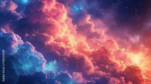 Dreamy sky filled with fluffy, glowing clouds under the stars