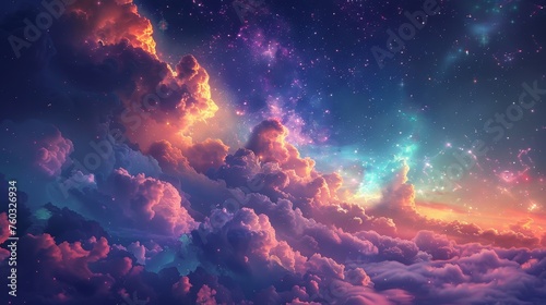 Enchanting night sky with colorful clouds and glowing stars