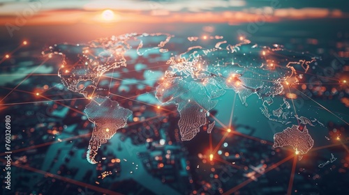 Global business connectivity showcased on world trade map with interconnected trade routes