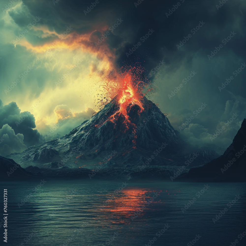 Witness the power of nature as a huge volcano erupts on a mysterious island, captured in UHD with high detail. AI generative adds depth to this dramatic scene.