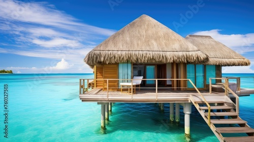 tropical water bungalow building illustration paradise vacation  relaxation escape  exotic serene tropical water bungalow building