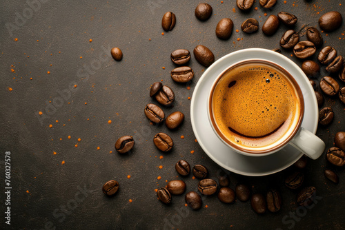 Indulge in the close-up shot of coffee, providing a top view perspective with right copy space and realistic depth. AI generative technology enriches visual authenticity.