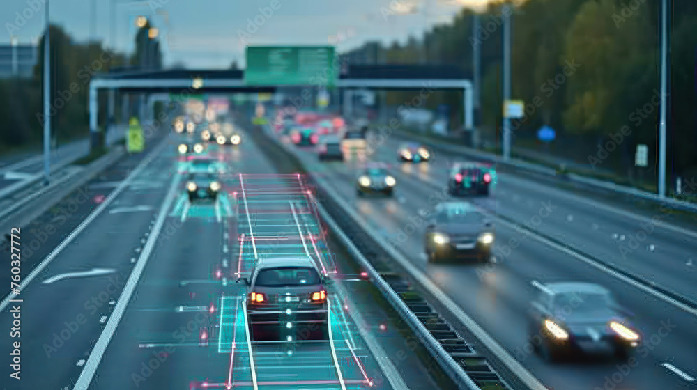 Witness the plate recognition system in operation on a motorway, ensuring traffic safety and surveillance. AI generative technology enhances monitoring efficiency. - obrazy, fototapety, plakaty 