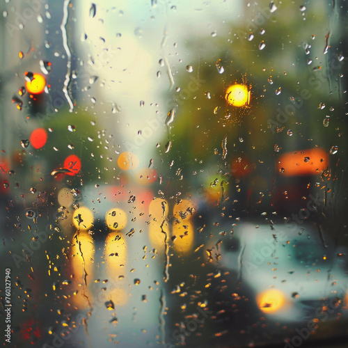 Immerse yourself in the urban ambiance of a rainy day, gazing through the car window with raindrops on the glass, blurring the cityscape. AI generative adds depth to this atmospheric view. photo