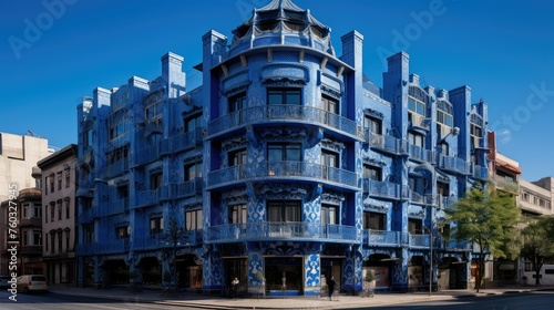 modern blue hotel building illustration facade entrance, lobby rooms, suites balcony modern blue hotel building