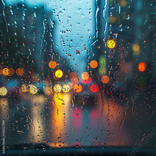 Capturing the essence of a rainy day, witness the blurry cityscape through the car window with raindrops on the glass. AI generative technology enriches this moody image. photo