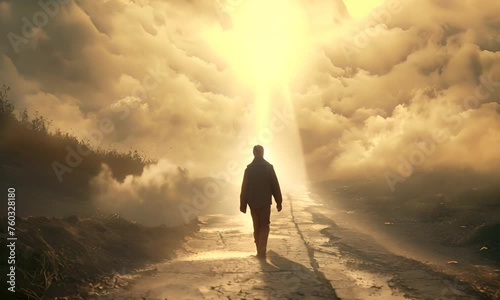 Person in a coat walking down a path towards light through the clouds. The concept of a journey and hope. photo