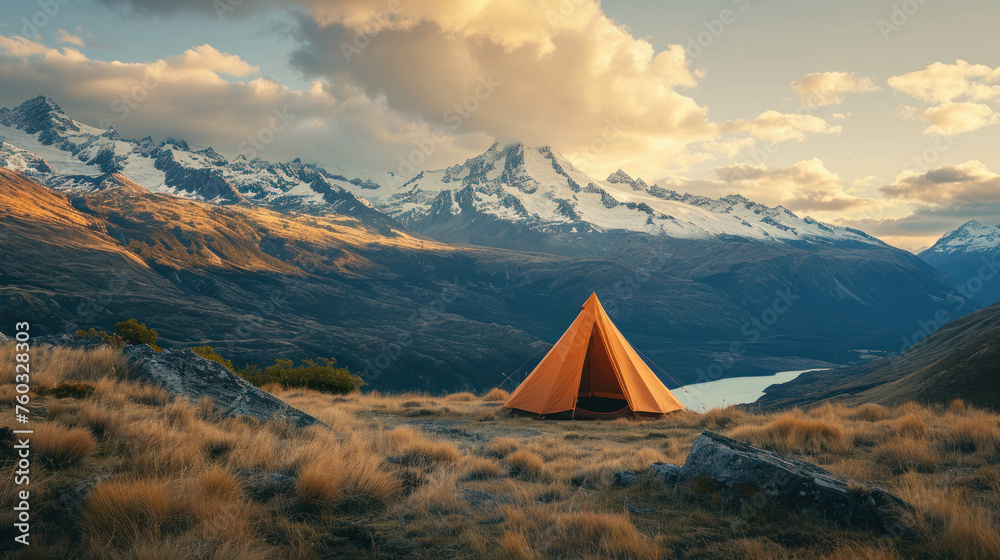 Embark on an adventure to the mountain wilderness, where a solitary tent awaits amidst pristine nature. AI generative tech adds depth to the scene.