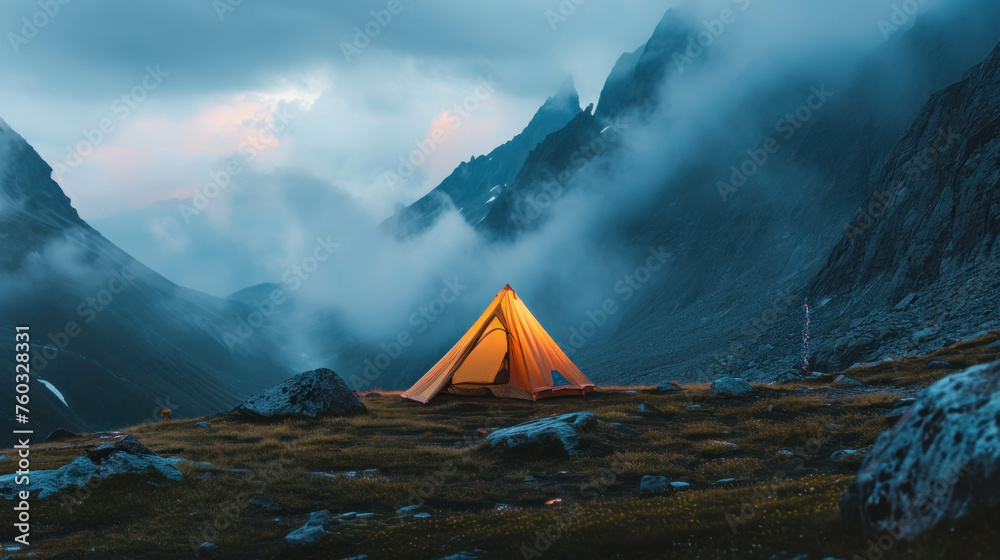 Experience the tranquility of camping in the heart of the mountains. Discover breathtaking vistas with a tent perched on the summit. AI generative.