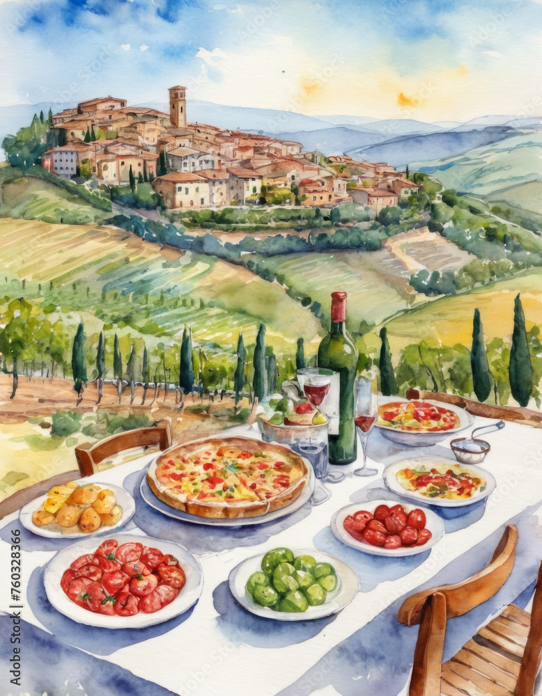 watercolor painting dinnertable full of italian food and drinks situated in a valley in the toscana . Style is animated - obrazy, fototapety, plakaty 