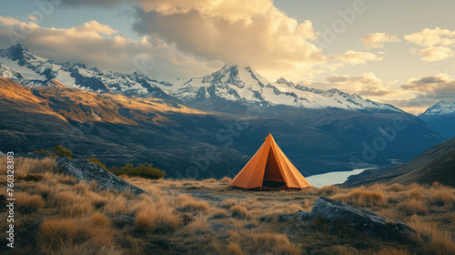 Embark on an adventure to the mountain wilderness, where a solitary tent awaits amidst pristine nature. AI generative tech adds depth to the scene.