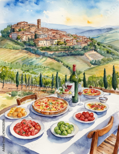 watercolor painting dinnertable full of italian food and drinks situated in a valley in the toscana . Style is animated