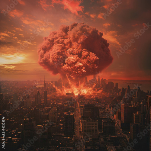 Immerse yourself in the devastation of a nuclear catastrophe as this ultra-realistic image captures the terrifying scale of an atomic bomb explosion over a big city. AI generative.