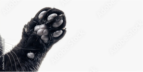 Black cat paw isolated on white studio background. Close-up feline kitten domestic animal forefoot with copy paste empty place for text
