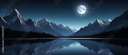 Majestic beauty of a nocturnal mountain landscape, with a shimmering river flowing smoothly and the moon casting its silvery light.