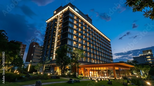 The hotel building at night